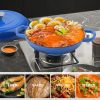 The enamel cast iron soup pot features a circular shower-style lid design and is suitable for various tools, such as ceramic, gas