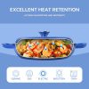 The enamel cast iron soup pot features a circular shower-style lid design and is suitable for various tools, such as ceramic, gas